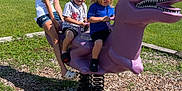 Josiah is registered to the contest to win money with this photo: casual_clothing, child, children, cloudy_sky, dinosaur, footwear, fun, glasses, grass, happy, outdoor, park, play, playground, shorts, smile, spring_rocker, summer, sunny, tree