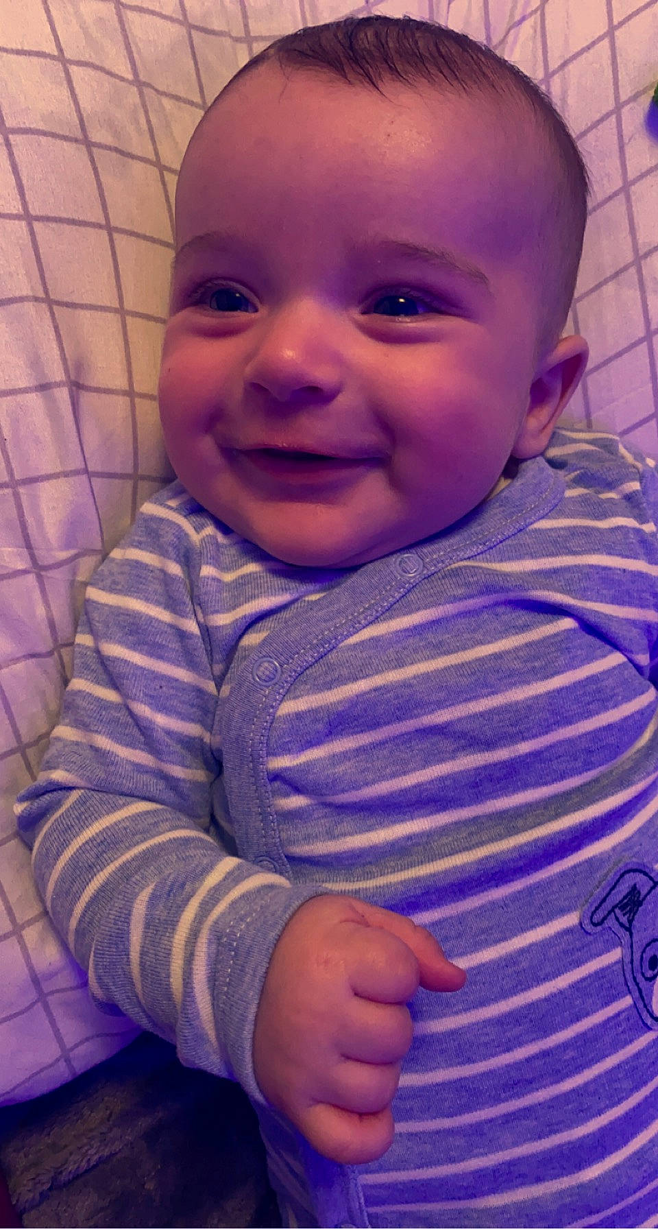 Carter is registered to the contest to win money with this photo: arm, baby_toddler_clothing, blue, cheek, chin, clothing, eyebrow, finger, forehead, happy, human_body, iris, joy, lip, mouth, neck, nose, person, purple, skin