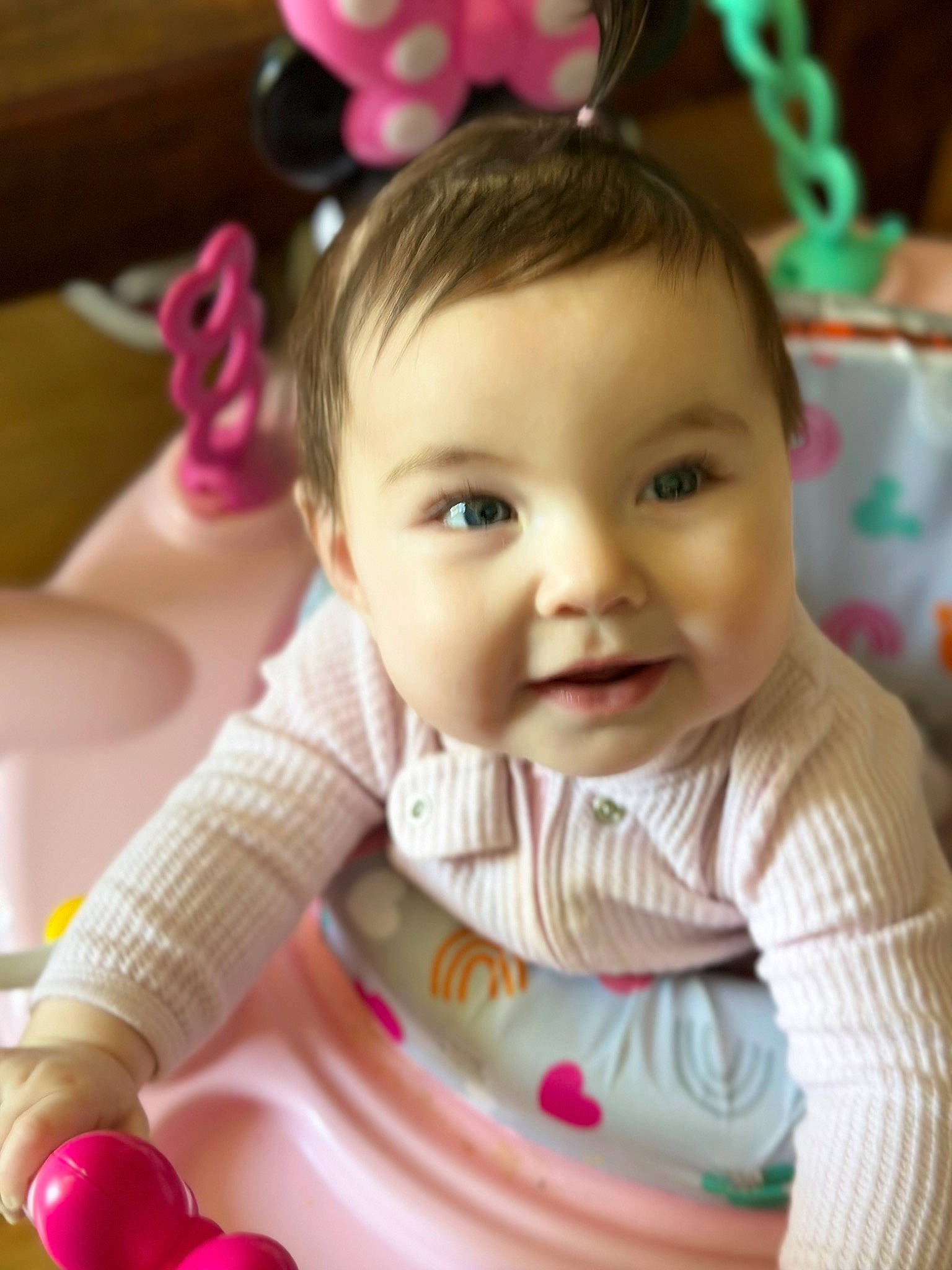 Mikeyla Rose is registered to the contest to win money with this photo: baby, baby_toddler_clothing, cheek, eye, eyebrow, eyelash, finger, fun, hairstyle, happy, iris, joy, nose, person, pink, product, skin, sleeve, smile, textile