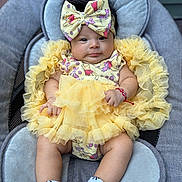 Stephanie joined the competition — help win amazing prizes! baby, infant, child, dress, headband, yellow, ruffles, socks, panda, seat, cushion, cute, adorable, portrait, indoor, clothing, bracelet, hands, legs, face