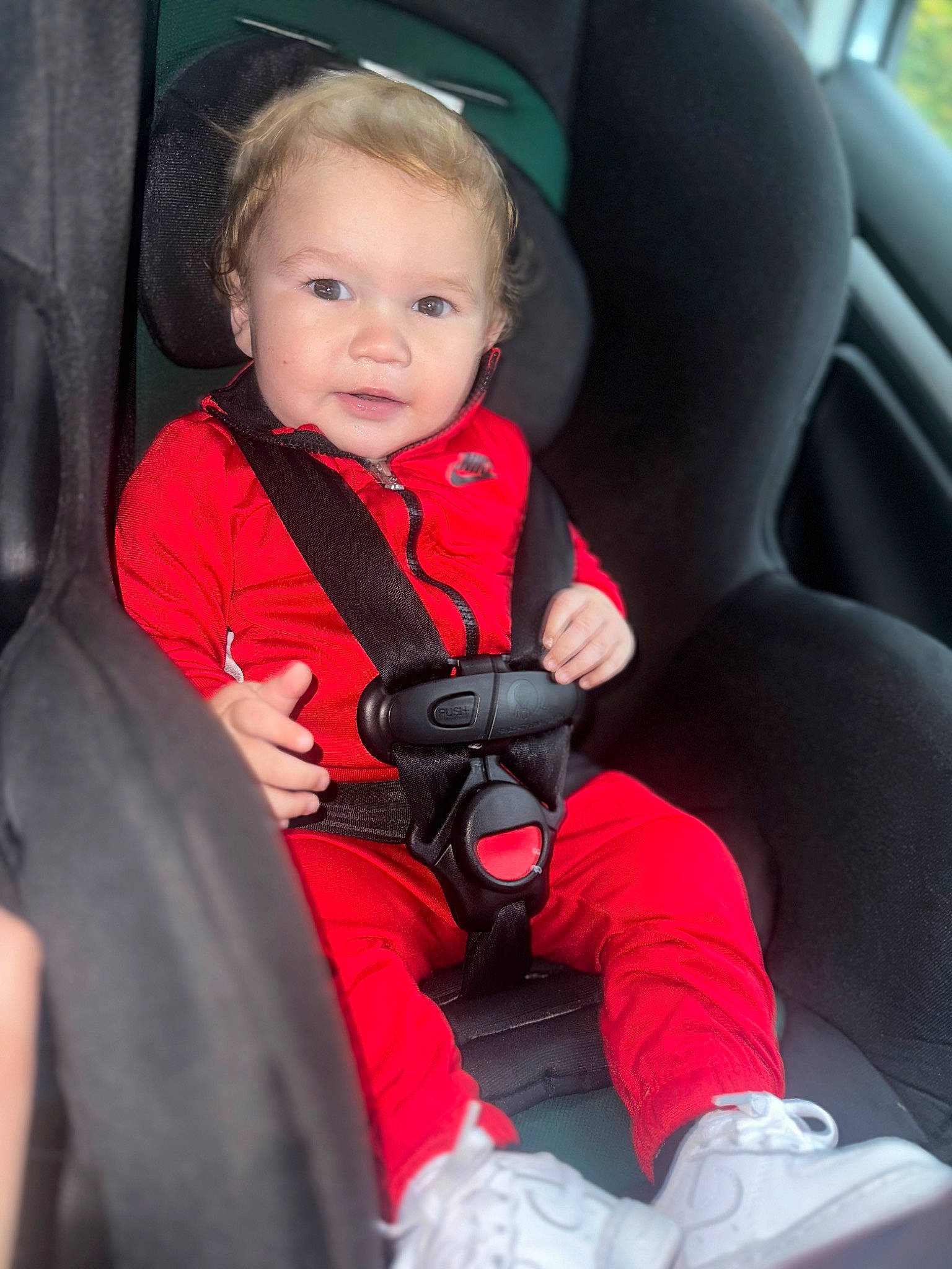Bryson joined the competition — help win amazing prizes! auto_part, baby, baby_carriage, baby_products, baby_toddler_clothing, car_seat, car_seat_cover, chair, child, comfort, fun, head_restraint, lap, person, seat_belt, sitting, smile, steering_wheel, toddler, vehicle_door