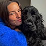 affection, black_dog, blue_sweater, closeup, companion, couch, cozy, cute, dog, friendly, furry, happy, indoor, long_hair, pet, portrait, relaxed, smile, snuggle, woman
