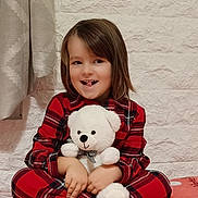 Dominika participe au concours pour gagner de l'argent avec cette photo : barefoot, blanket, caucasian, child, curtain, cute, happy, home, indoors, pajamas, person, pink, plaid, portrait, sitting, smiling, soft_toy, teddy_bear, toy, wall