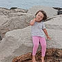 Dominika a rejoint le concours — aidez-le/la à gagner de superbes lots ! barefoot, child, cloudy_sky, coast, girl, nature, ocean, outdoor, pink_leggings, polka_dots, posing, relaxing, rock, scenery, sea, short_sleeves, smiling, tshirt, water, young