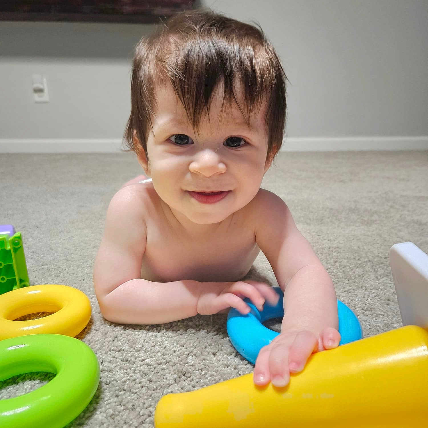 Brady joined the competition — help win amazing prizes! accessories, baby, bathing, bathroom, bodypart, crawling, face, finger, hand, happy, head, indoors, person, photography, portrait, room, sitting, smile, toilet, toy