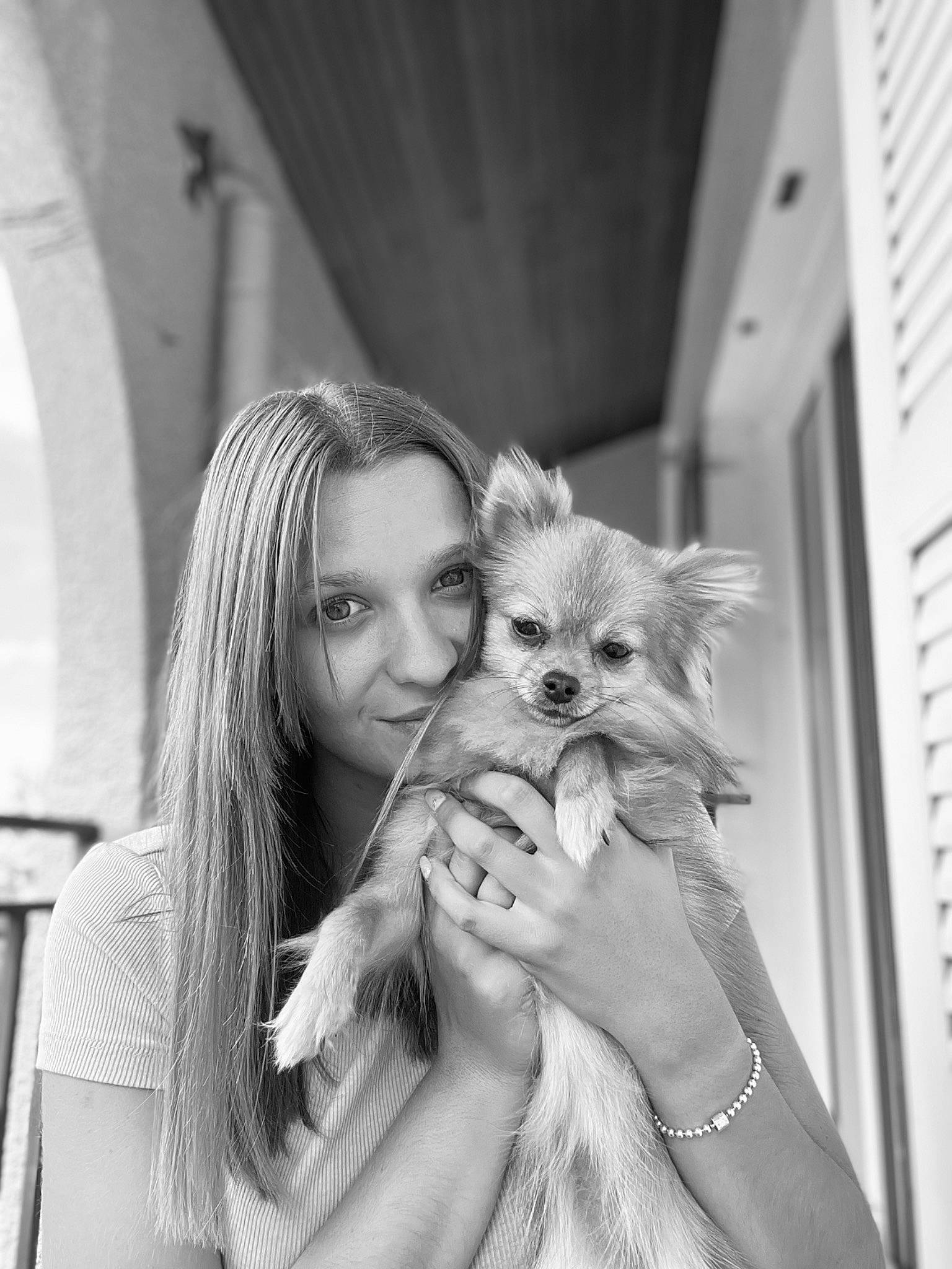 Koda a rejoint le concours — aidez-le/la à gagner de superbes lots ! black_and_white, blond, carnivore, companion_dog, dog, dog_breed, eyelash, fawn, flash_photography, gesture, hand, happy, long_hair, monochrome, monochrome_photography, shoulder, skin, style, toy_dog, white