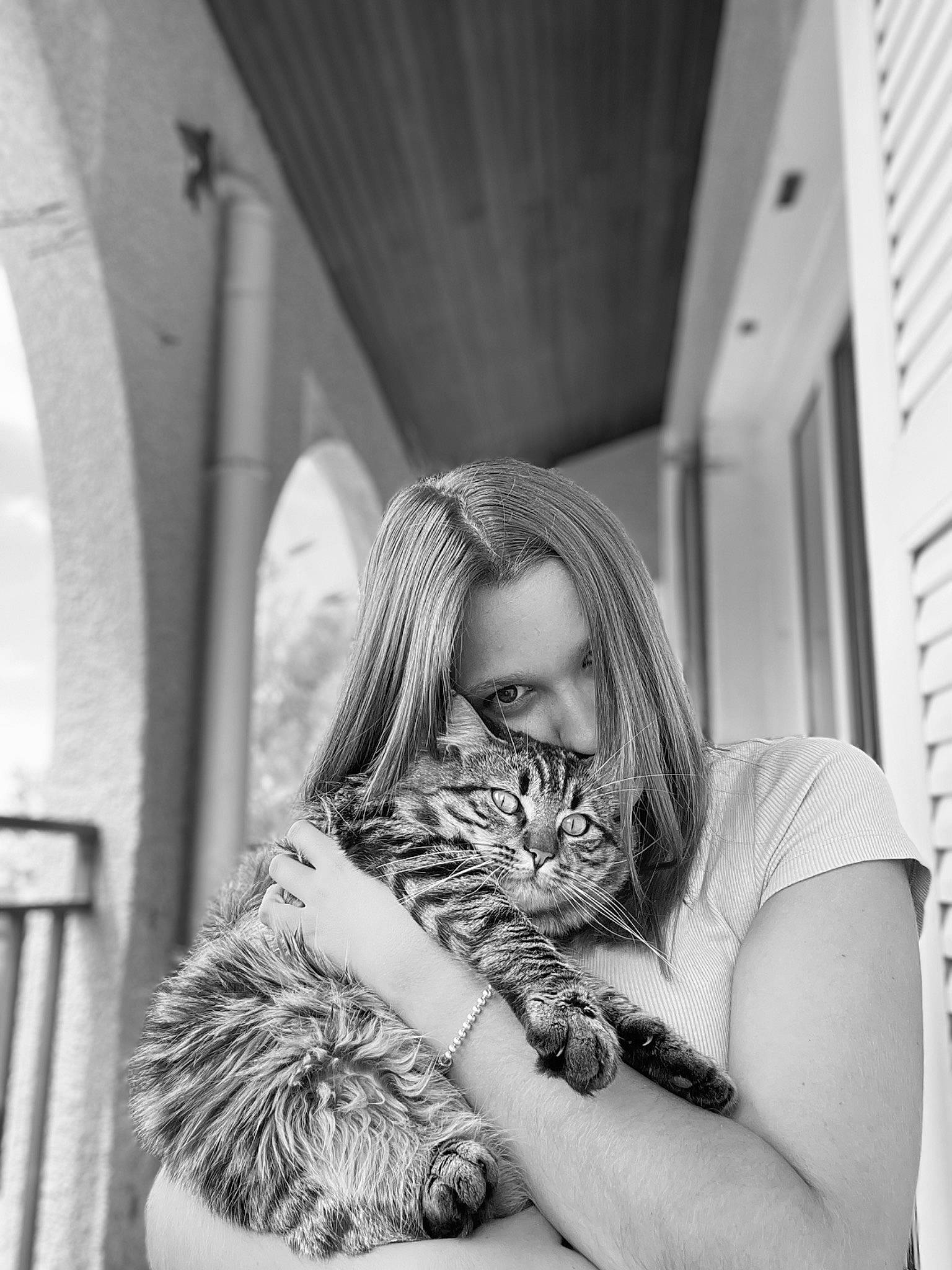 Venom participe au concours pour gagner de l'argent avec cette photo : black, black_and_white, blond, carnivore, cat, eye, fashion_design, felidae, flash_photography, fur, happy, human_leg, long_hair, monochrome, monochrome_photography, shoulder, sitting, small_to_medium_sized_cats, style, whiskers