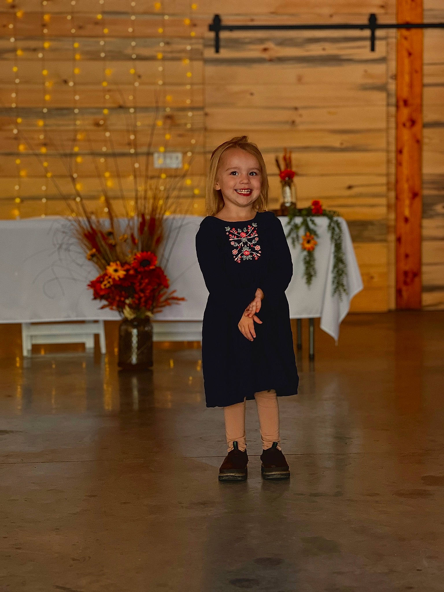 Harper joined the competition — help win amazing prizes! artificial_flower, blond, child, dress, event, fashion_design, floor, flooring, floral_design, flower, flower_arranging, flowerpot, formal_wear, fun, happy, joy, orange, person, plant, smile