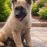 Arho participe au concours pour gagner de l'argent avec cette photo : puppy, dog, outdoor, sitting, tongue_out, happy, fluffy, young_dog, paved_path, greenery, flowers, ears, face, pet, canine, nature, animal, cute, portrait, sunlight