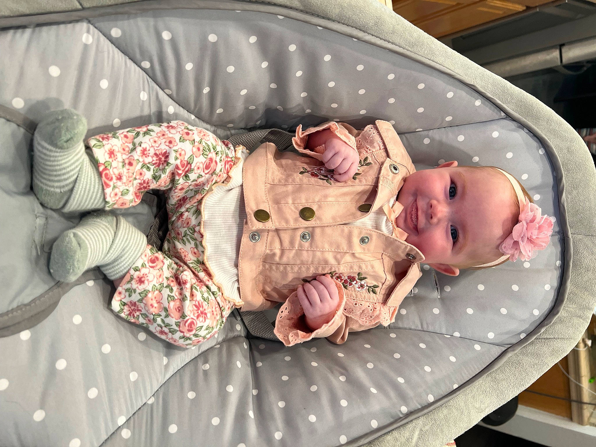 Emmalin is registered to the contest to win money with this photo: baby, baby_carriage, baby_products, baby_safety, baby_sleeping, baby_toddler_clothing, bedding, child, comfort, cradle, human_body, infant_bed, joy, linens, pattern, person, pink, room, sitting, sleep