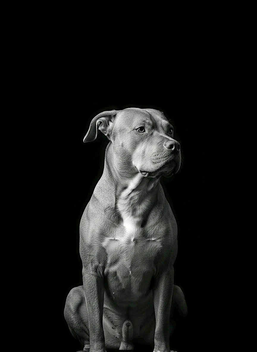 Tank Metcalf is registered to the contest to win money with this photo: animal, black_and_white, black_background, calm, canine, detailed, dog, isolated, looking_away, male_dog, monochrome, muscle, muscular, pet, portrait, serious, short_hair, sitting, studio, studio_lighting