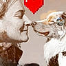 Aïko a rejoint le concours — aidez-le/la à gagner de superbes lots ! woman, dog, face, nose_touch, sepia, heart, pixel_art, love, pet, animal, outdoor, profile, closeup, affection, social_media_icons, portrait, happy, cute, canine, human