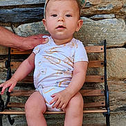 Leon participe au concours pour gagner de l'argent avec cette photo : baby, child, bench, stone_wall, onesie, cap, hand, outdoor, cute, person, infant, wood, support, sitting, face, legs, skin, expression, casual, daylight