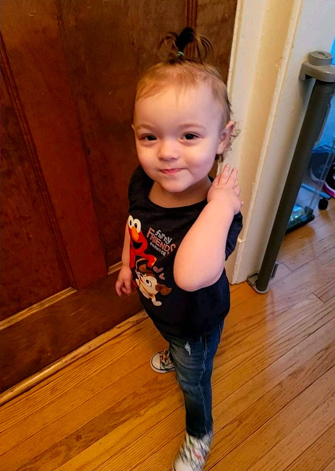 Hailey Jane joined the competition — help win amazing prizes! baby, blonde, clothing, face, hair, happy, hardwood, head, indoors, interiordesign, jeans, pants, person, photography, portrait, sleeve, smile, stainedwood, t_shirt, wood