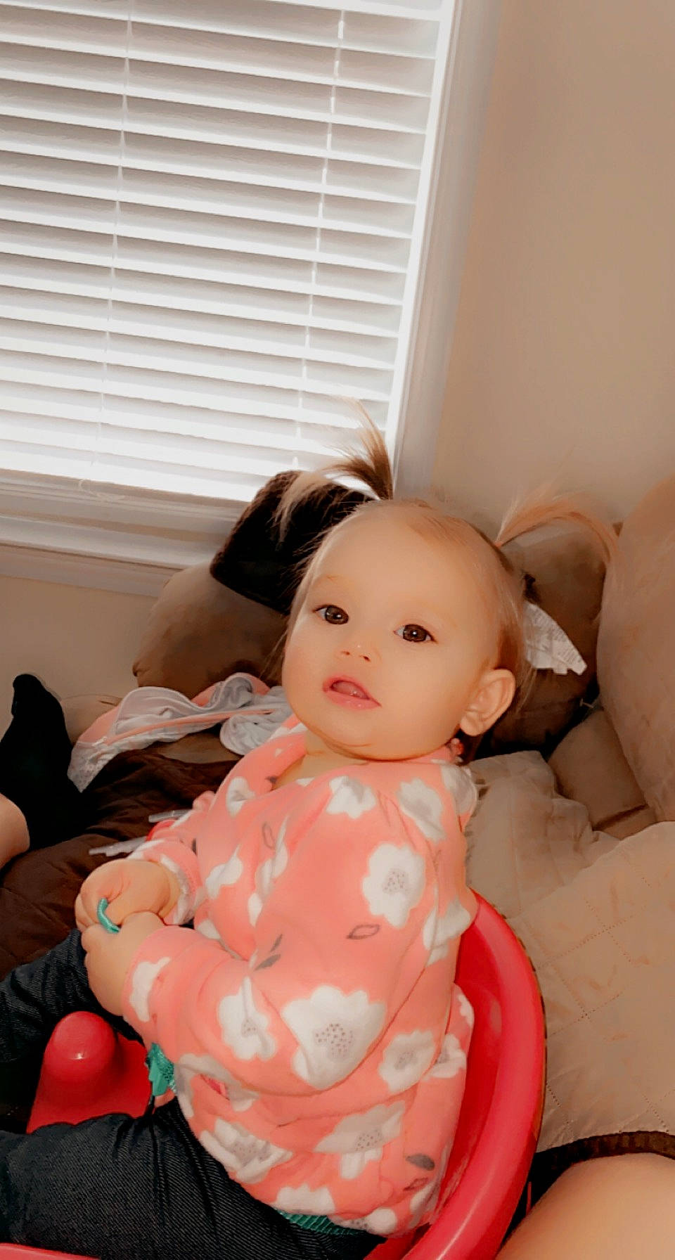 Mileiah is registered to the contest to win money with this photo: baby, cheek, child, comfort, doll, eye, eyelash, happy, joint, lip, person, pink, plush, room, sitting, skin, smile, stuffed_toy, toy, window