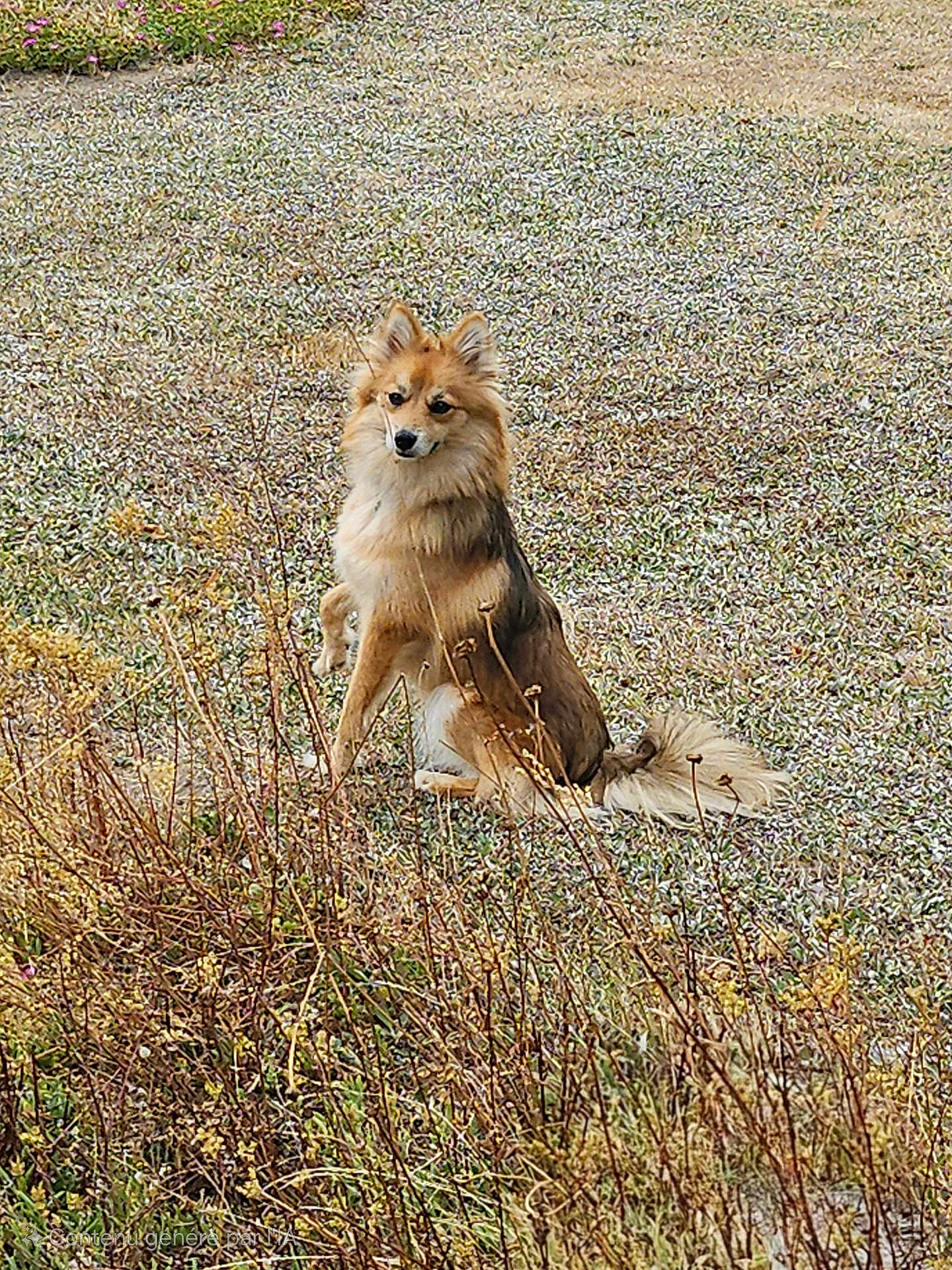 Volga participe au concours pour gagner de l'argent avec cette photo : dog, animal, outdoor, grass, field, nature, fur, brown, alert, sitting, wild, canine, plant, autumn, leafless, bush, tail, ears, pet, mammal