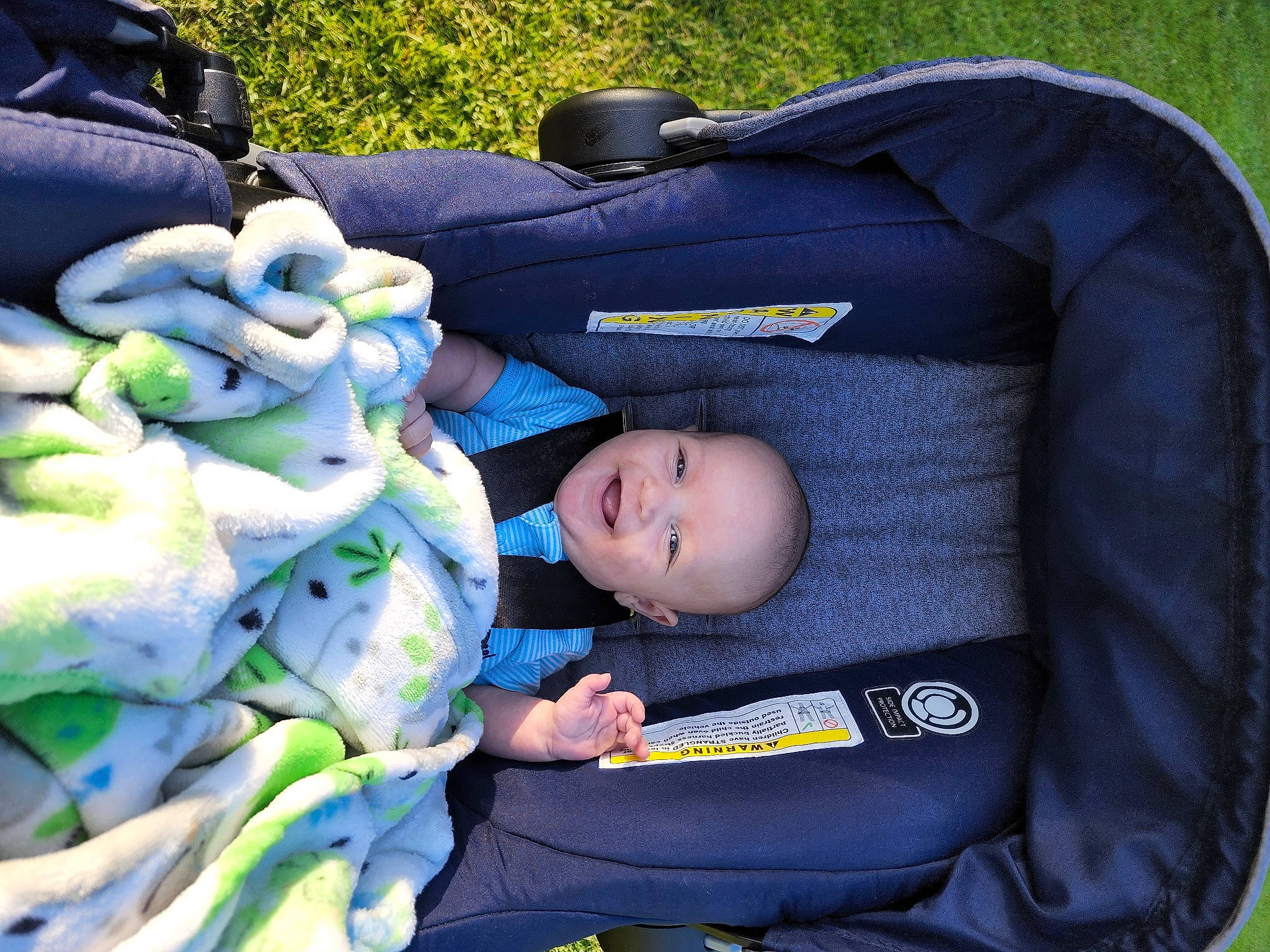 Ichigo is registered to the contest to win money with this photo: auto_part, baby, baby_carriage, baby_products, baby_safety, baby_toddler_clothing, car_seat, child, comfort, electric_blue, fun, grass, green, nap, person, personal_protective_equipment, recreation, sitting, sleep, toddler