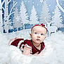 baby, infant, child, portrait, holiday, winter, snow, cotton, background, decoration, reindeer, trees, headband, clothing, cute, blue_eyes, soft, lying_down, indoor, festive