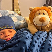 Asad is registered to the contest to win money with this photo: baby, sleeping, blanket, blue, cap, embroidered_text, plush_toy, lion, soft_toy, couch, cozy, indoor, child, face, headwear, comfort, home, rest, cute, toddler