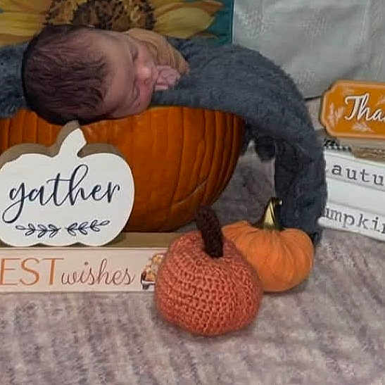 Sophie joined the competition — help win amazing prizes! newborn, baby, infant, sleeping, face, portrait, pumpkin, autumn, thanksgiving, harvest, fall, basket, blanket, cozy, indoor, decoration, seasonal, text, rustic, photography