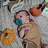 Sophie joined the competition — help win amazing prizes! baby, infant, child, pacifier, lying_down, autumn, pumpkin, decorations, blanket, portrait, face, eyes, brown_clothing, onesie, newborn, indoor, cozy, text, gather_sign, seasonal
