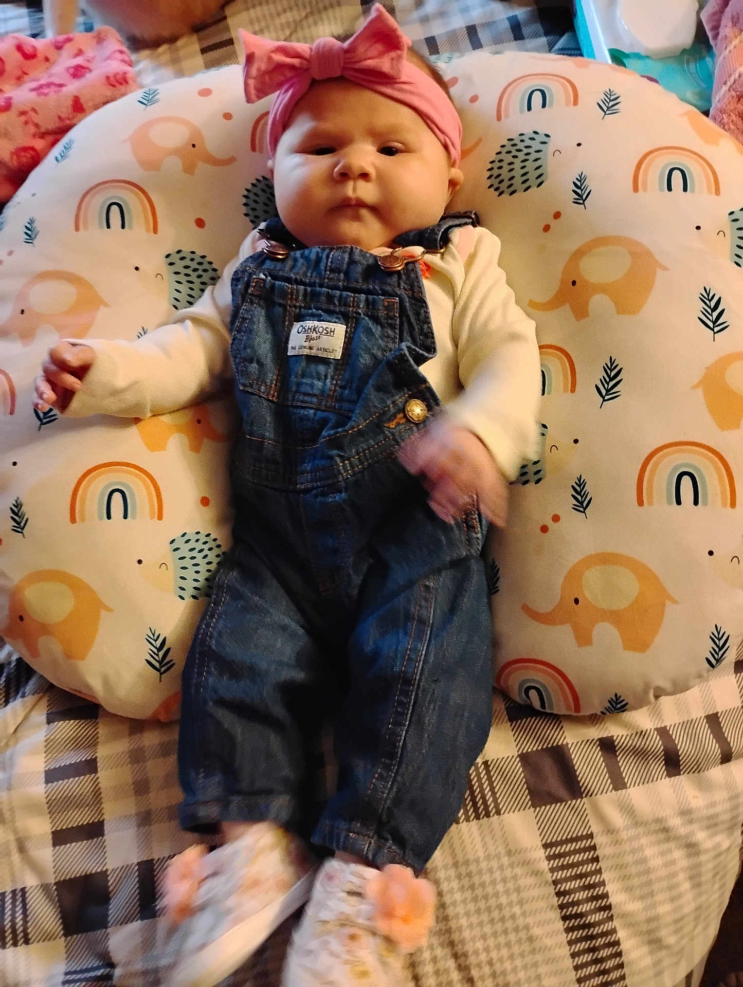 Berkley joined the competition — help win amazing prizes! baby, infant, pink_headband, denim_overalls, cushion, elephant_pattern, rainbow_pattern, blanket, plaid, footwear, shoes, indoor, child, person, cute, portrait, young_child, soft_toys, clothing, cozy