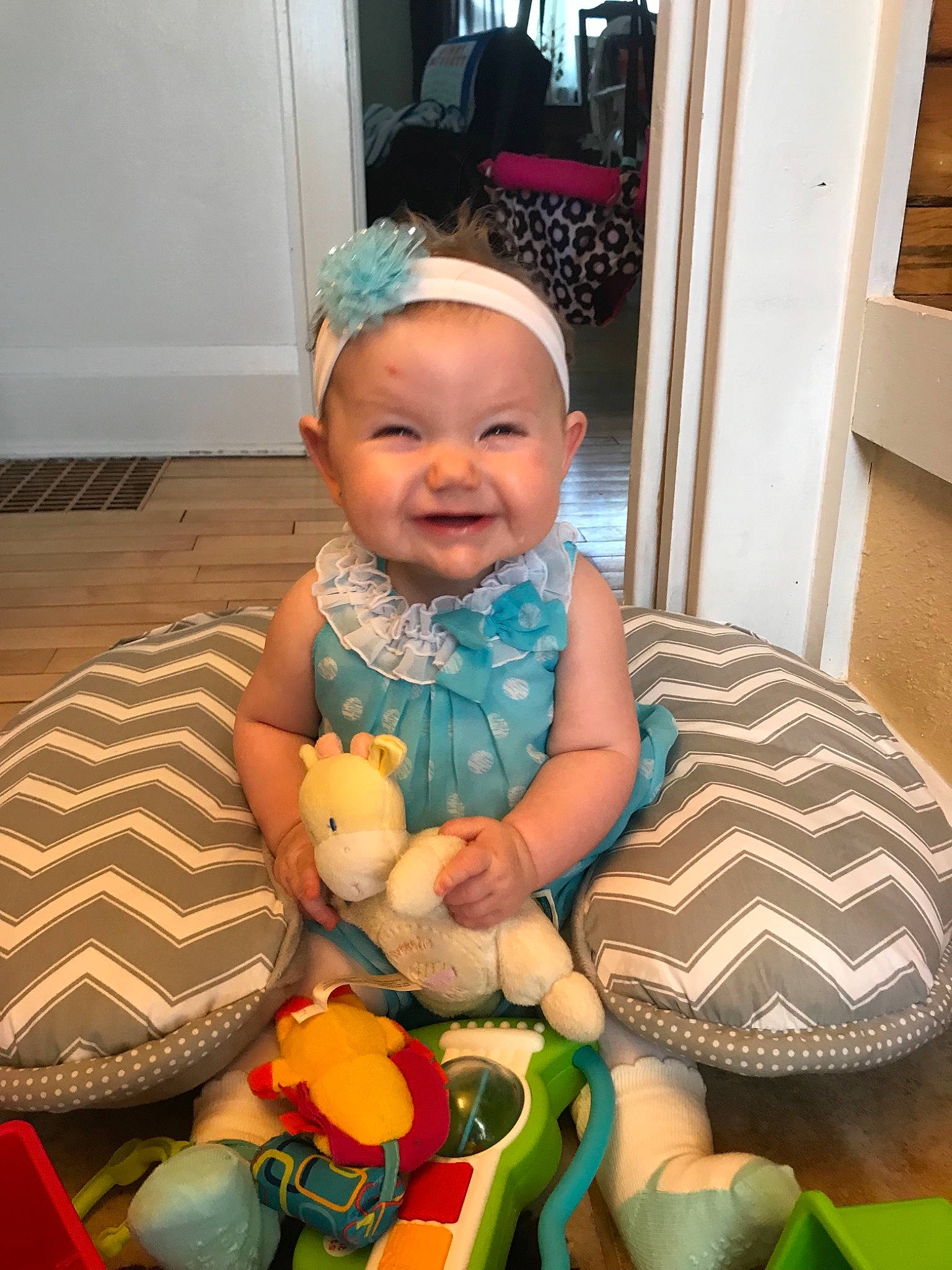 Aubree is registered to the contest to win money with this photo: baby, child, person, play, sitting, skin, smile, toddler, toy