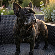 Oscar a rejoint le concours — aidez-le/la à gagner de superbes lots ! alert, animal, black_coat, bokeh, brindle, closeup, dog, ears, flowers, french_bulldog, garden, golden_hour, greenery, outdoor, pet, portrait, standing, sunset, wicker_sofa, wrinkles