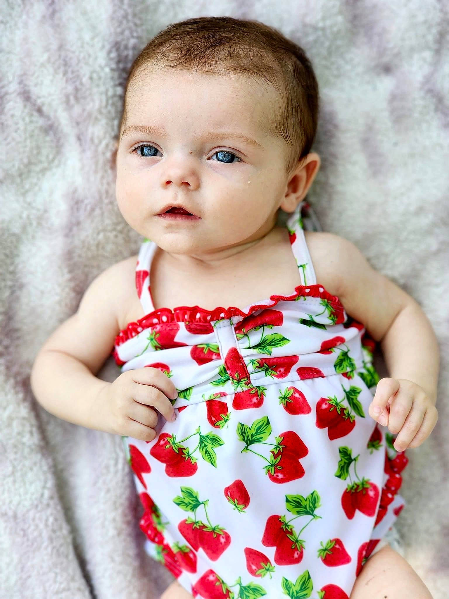 Harlow joined the competition — help win amazing prizes! baby, baby_toddler_clothing, child, collar, day_dress, dress, face, facial_expression, grass, happy, head, one_piece_garment, pattern, peach, person, plant, portrait_photography, skin, sleeve, standing