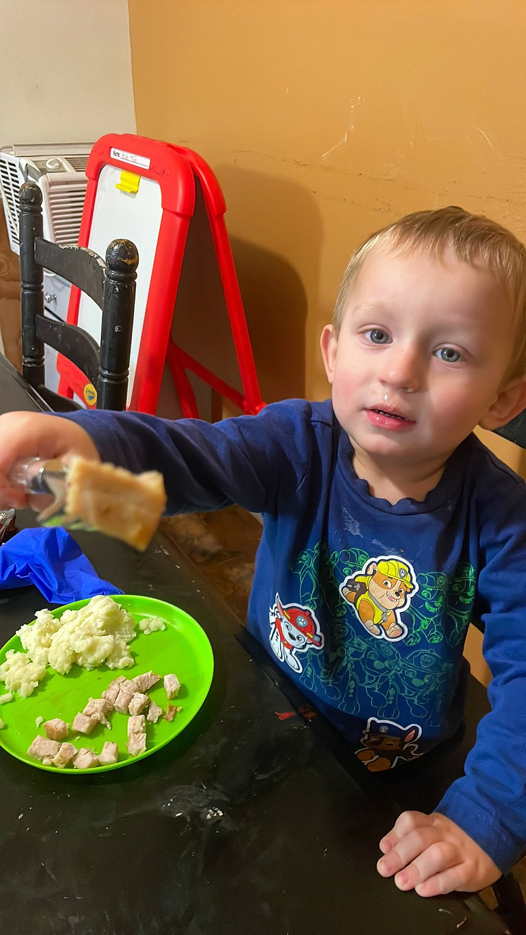 Ayden joined the competition — help win amazing prizes! chair, child, comfort_food, cooking, cuisine, dish, dishware, food, food_craving, ingredient, junk_food, leaf_vegetable, person, plate, recipe, sharing, t_shirt, table, tableware, toddler