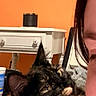 Afton Yarbrough is registered to the contest to win money with this photo: cat, tortoiseshell_cat, person, face, smile, indoor, table, orange_wall, black_cup, curious, pet, furniture, closeup, domestic_animal, ear, eye, whisker, head, resting, cozy