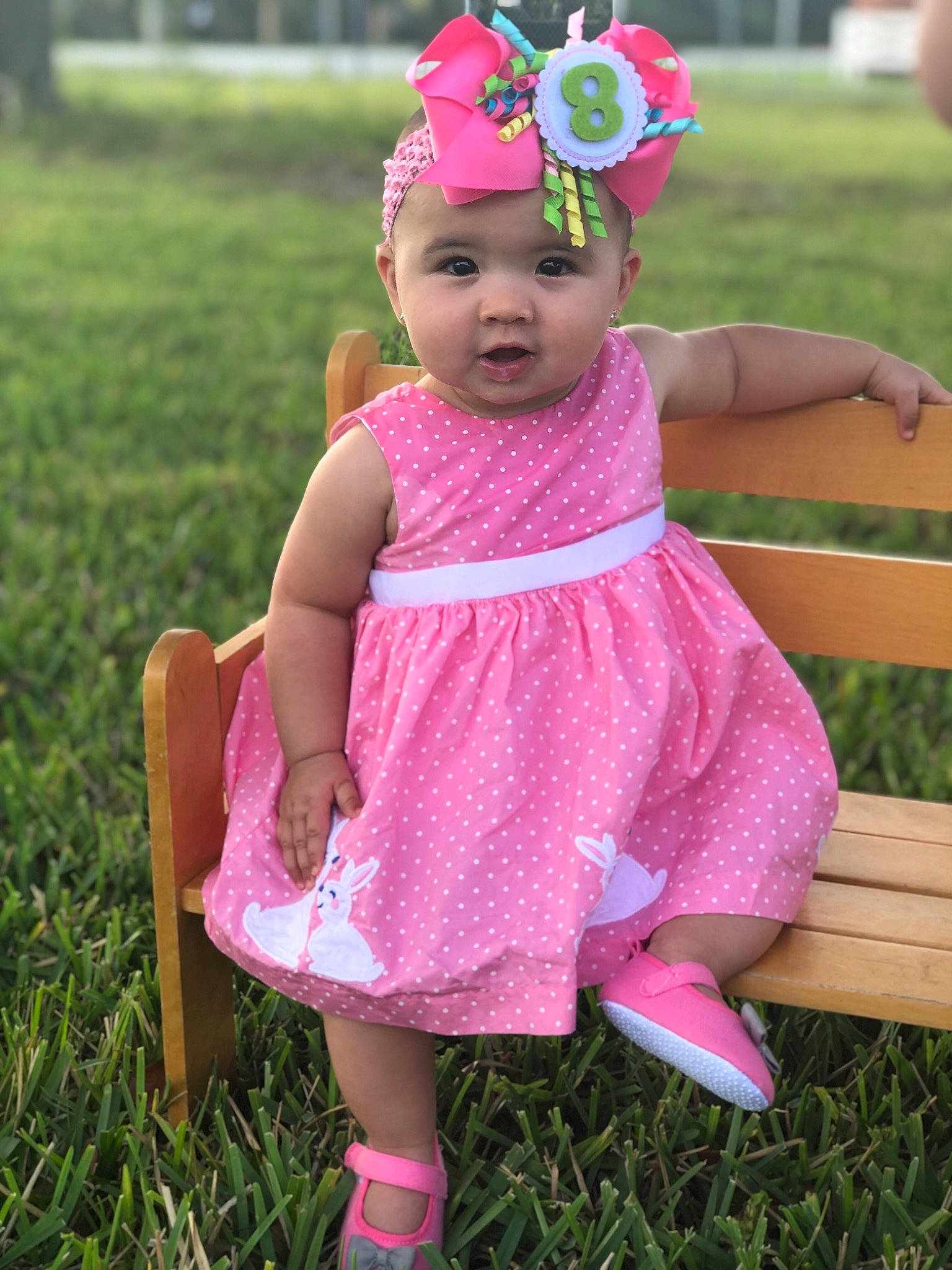 Anabelle is registered to the contest to win money with this photo: baby, baby_products, baby_toddler_clothing, child, clothing, costume, dress, fashion_accessory, flower, grass, hair_accessory, headband, headgear, headpiece, headwear, magenta, pattern, person, pink, plant