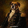 Dinky a rejoint le concours — aidez-le/la à gagner de superbes lots ! dog, portrait, costume, vintage_clothing, military_uniform, regal, canine, painting_style, textured, lace, gold_embroidery, brown_dog, formal, historical, animal_portrait, classical, noble, warm_colors, indoor, humor