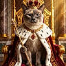 Iska participe au concours pour gagner de l'argent avec cette photo : cat, royalty, throne, crown, scepter, cape, jewelry, luxury, red_velvet, gold, palace, interior, regal, animal_portrait, feline, decor, ornate, costume, portrait, majestic
