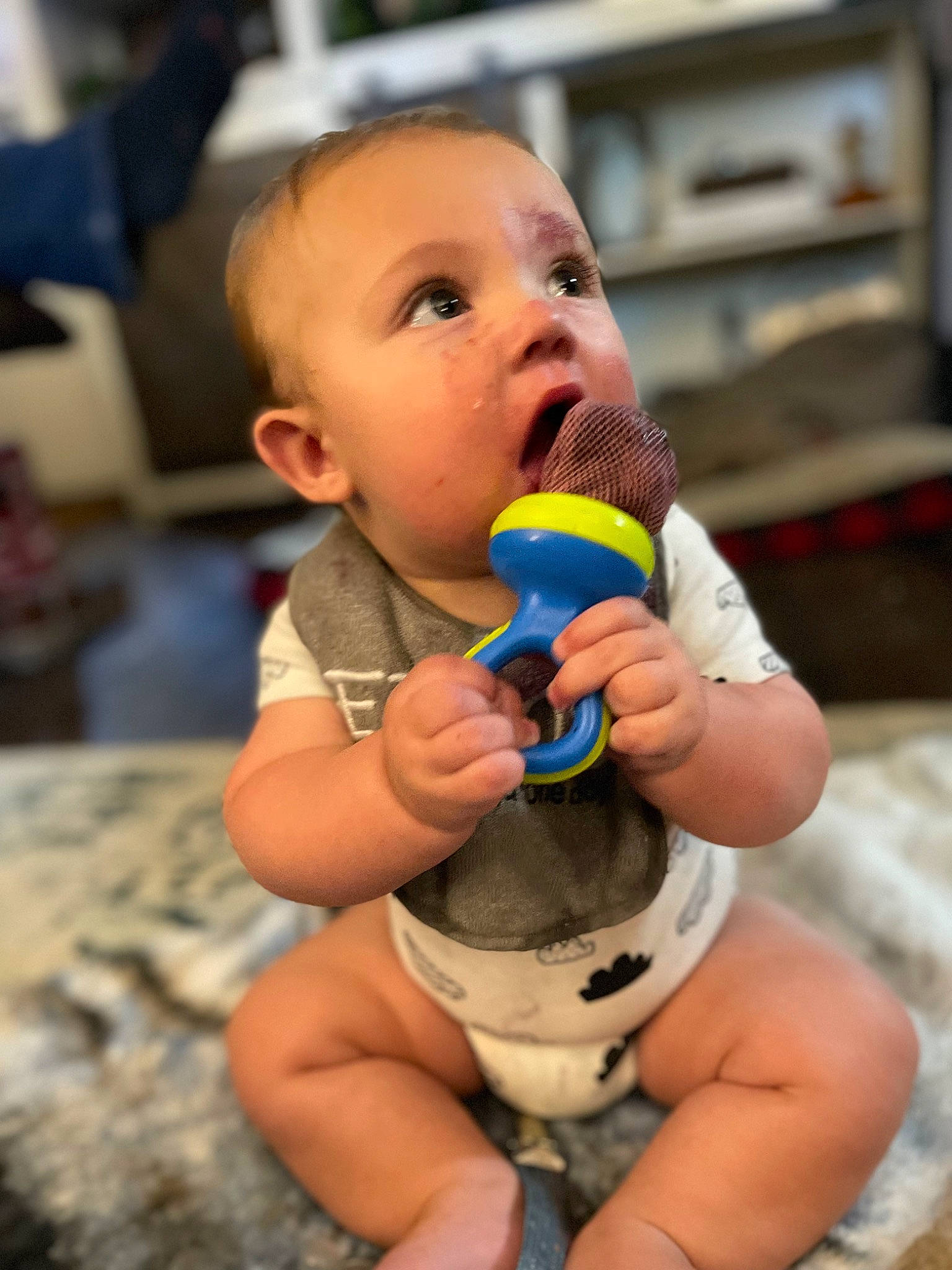 Davis is registered to the contest to win money with this photo: baby, baby_playing_with_toys, cheek, eye, face, finger, fun, hand, happy, head, human_body, leisure, nail, nose, person, skin, stuffed_toy, surprise, thigh, thumb