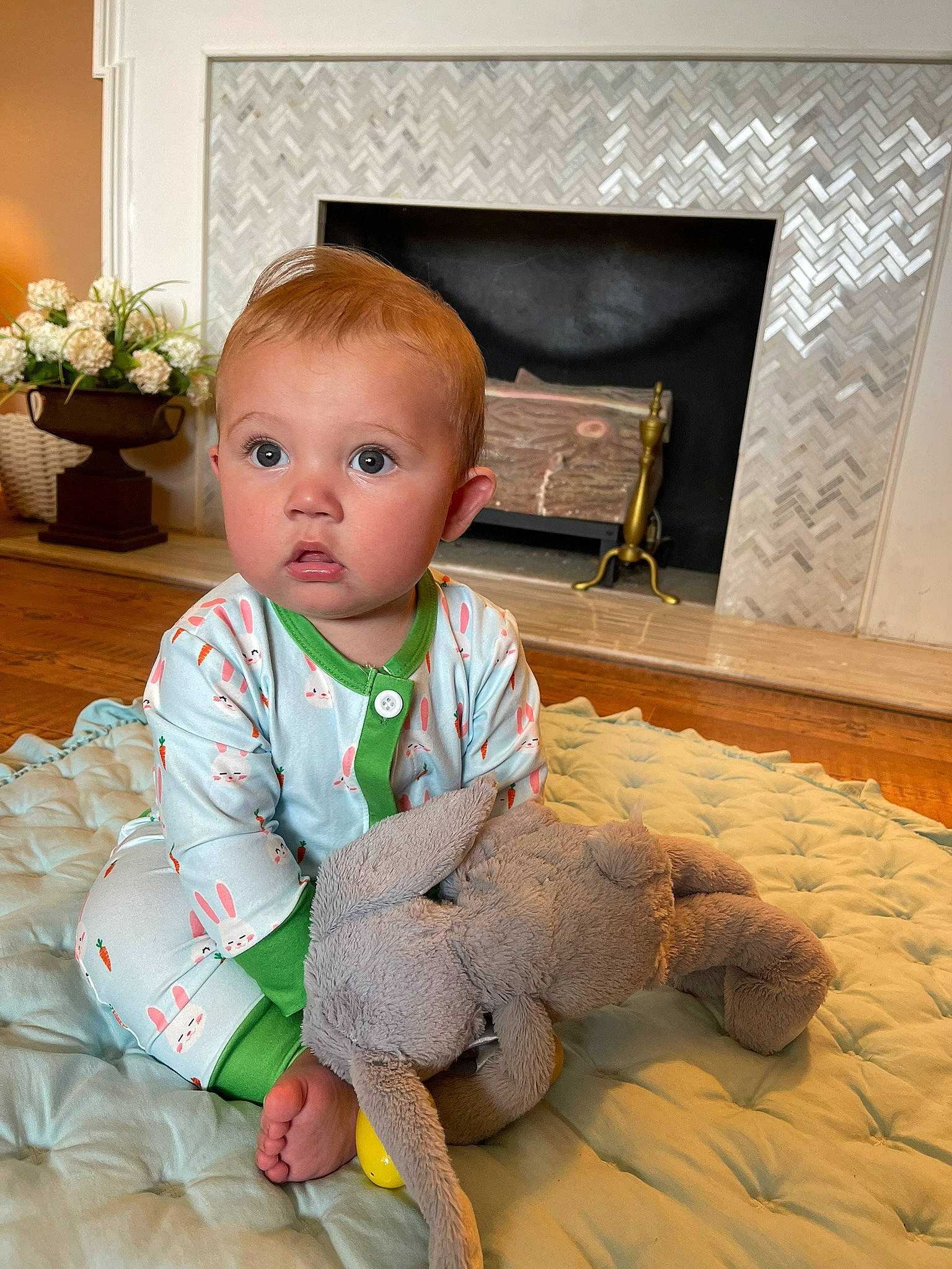 Davis is registered to the contest to win money with this photo: baby, baby_toddler_clothing, cheek, child, comfort, finger, floor, flooring, flower, flowerpot, foot, hardwood, houseplant, person, picture_frame, plant, skin, sleeve, surprise, toddler