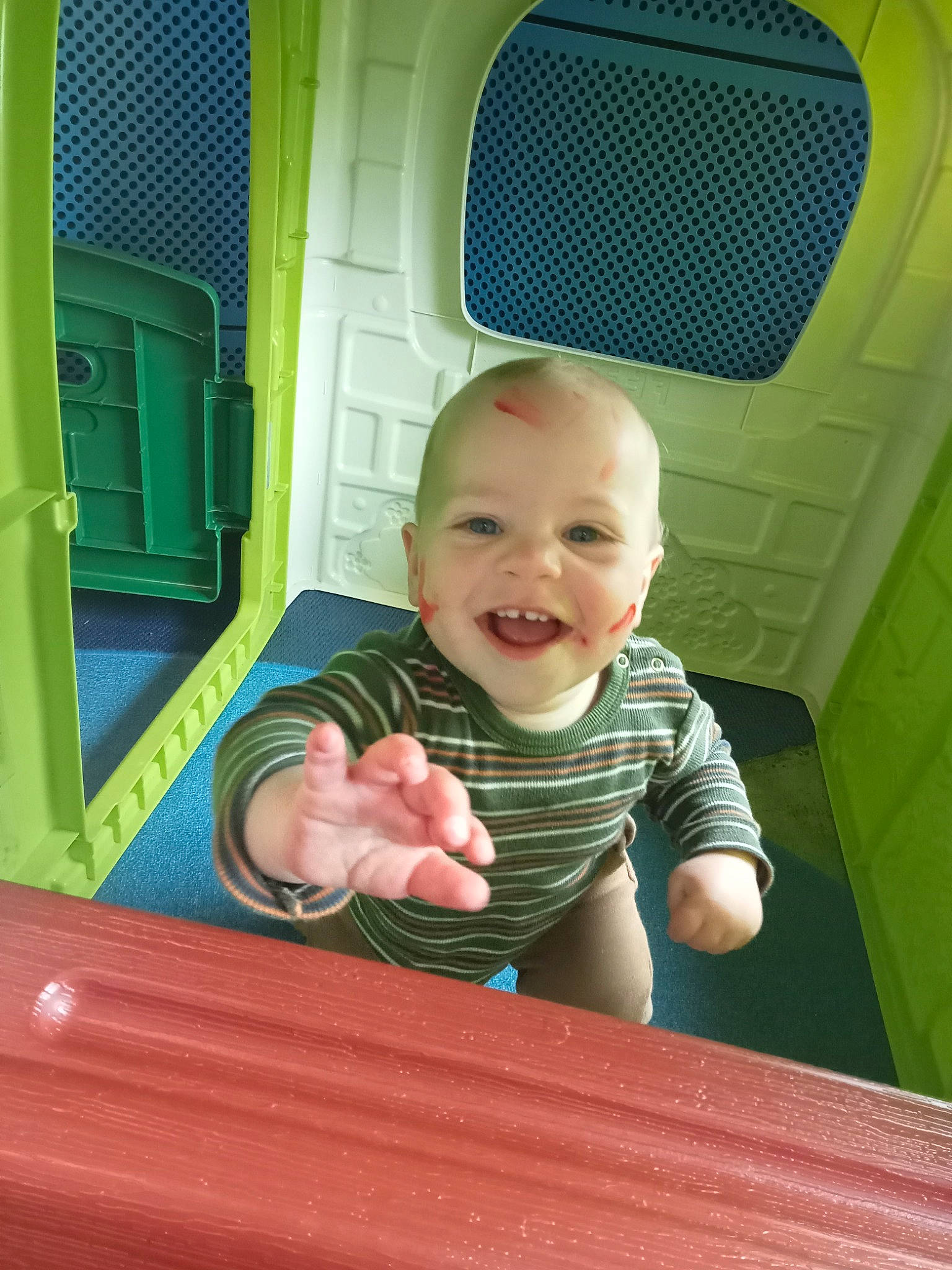 Aj joined the competition — help win amazing prizes! baby, baby_toddler_clothing, child, comfort, door, fun, glasses, green, happy, joy, leisure, person, product, room, sitting, smile, standing, sunglasses, t_shirt, thumb