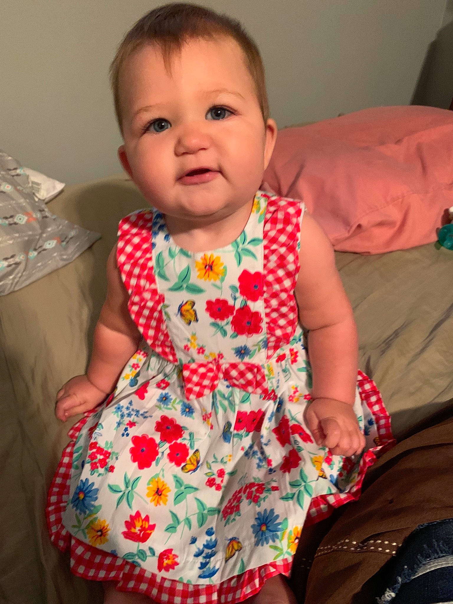 Magnolia Cato is registered to the contest to win money with this photo: baby, baby_toddler_clothing, cheek, child, dress, pattern, person, skin, textile, toddler