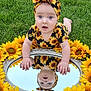 baby, child, sunflower, headband, mirror, reflection, grass, outdoor, flower, green, nature, cute, infant, portrait, summer, bright, colorful, pattern, posing, happy
