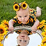baby, child, sunflower, headband, mirror, reflection, grass, outdoor, flower, nature, cute, infant, greenery, summer, portrait, hands, face, fashion, playful, bright