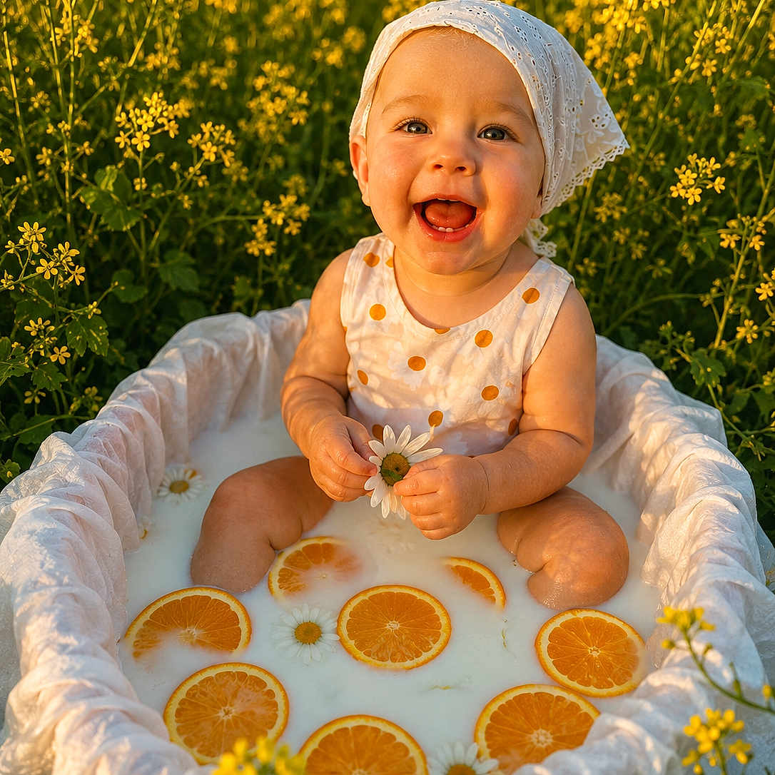 Alora Grace is registered to the contest to win money with this photo: baby, child, smiling, milk_bath, orange_slices, daisies, headscarf, polka_dot_dress, outdoor, flower_field, yellow_flowers, nature, summer, happy, portrait, sitting, cute, sunlight, playful, baby_photography