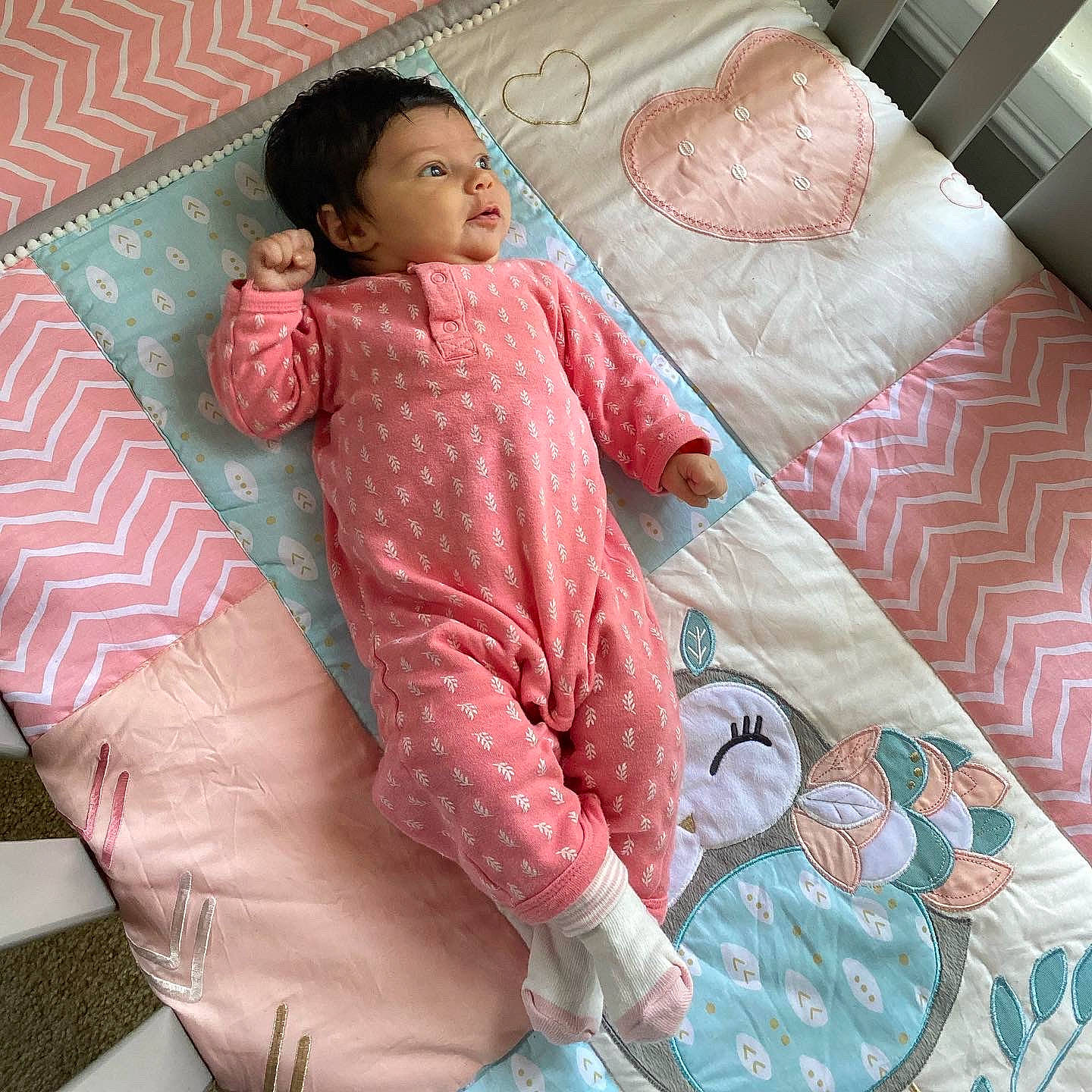 Fallon joined the competition — help win amazing prizes! baby, baby_toddler_clothing, bed_sheet, bedding, bedroom, child, comfort, linens, magenta, nightwear, pattern, peach, person, pink, room, sitting, sleeve, t_shirt, textile, toddler