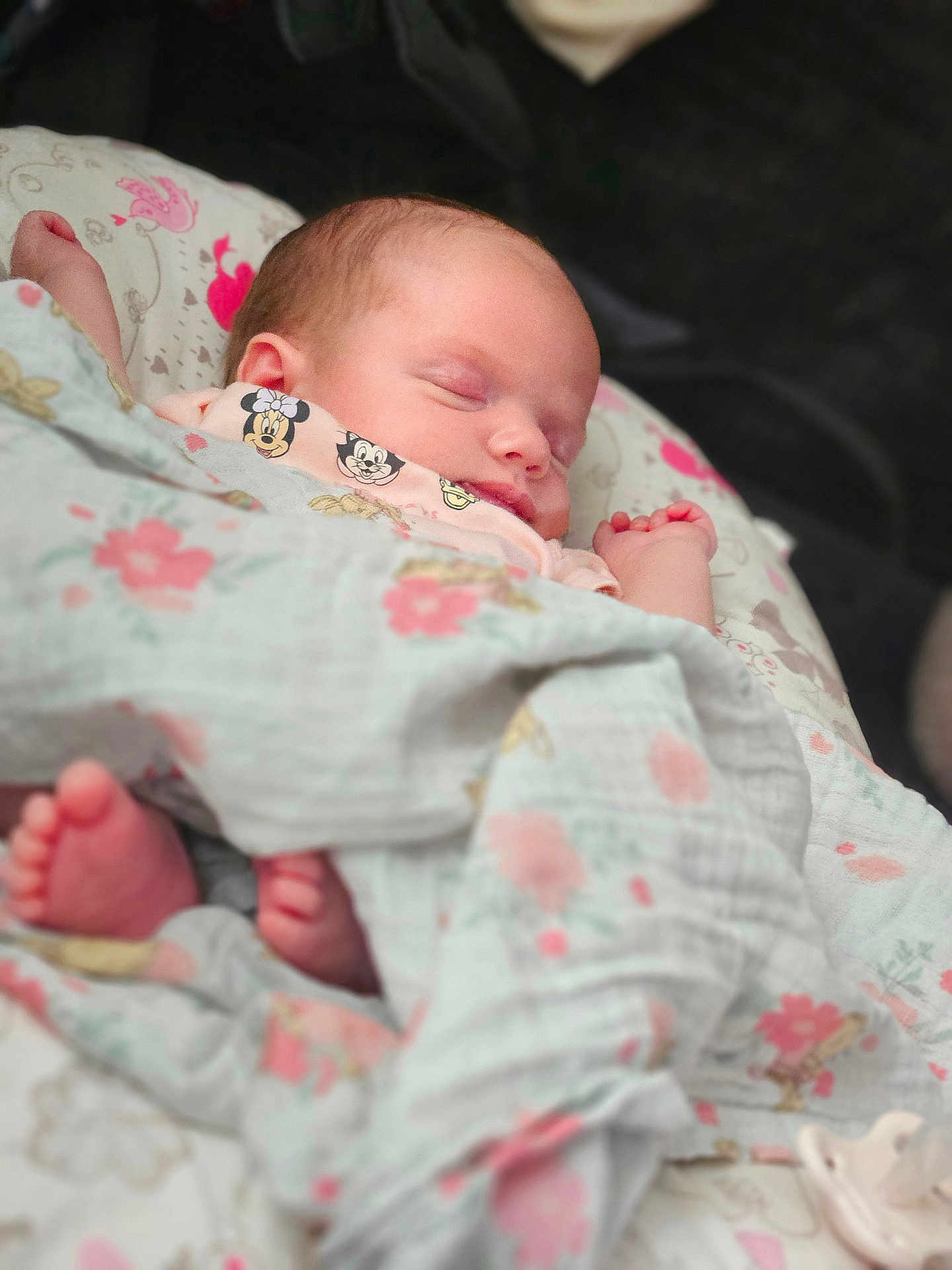 Millie-Mae joined the competition — help win amazing prizes! baby, newborn, sleeping, blanket, floral, mickey_mouse, foot, pacifier, cute, infant, soft, cozy, child, portrait, resting, indoors, clothing, peaceful, wrapped, tiny_toes