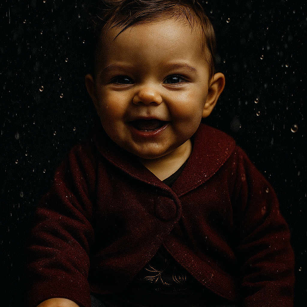 Ariya participe au concours pour gagner de l'argent avec cette photo : baby, child, clothing, cute, dark_background, expression, eyes, face, hands, happy, infant, joy, portrait, red_jacket, sitting, skin, smiling, toddler, water_droplets, wet_hair