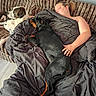 person, dog, couch, blanket, sleeping, resting, indoor, pet, cozy, relaxed, animal, fur, brown, black, white, face, hand, comfort, nap, home