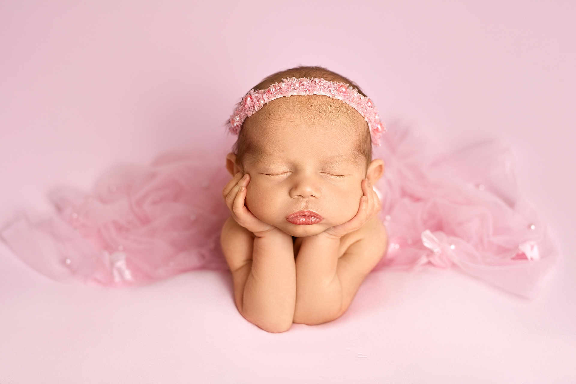 Ellie joined the competition — help win amazing prizes! newborn, baby, infant, sleeping, pink, headband, tulle, soft, portrait, cute, hands, resting, peaceful, studio, background, skin, face, closed_eyes, adorable, child