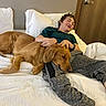 Lilly is registered to the contest to win money with this photo: bed, boy, dog, golden_retriever, pet, smiling, resting, relaxed, indoor, pillow, blanket, casual_clothing, human, animal, friendship, comfort, sleepy, home, door, head