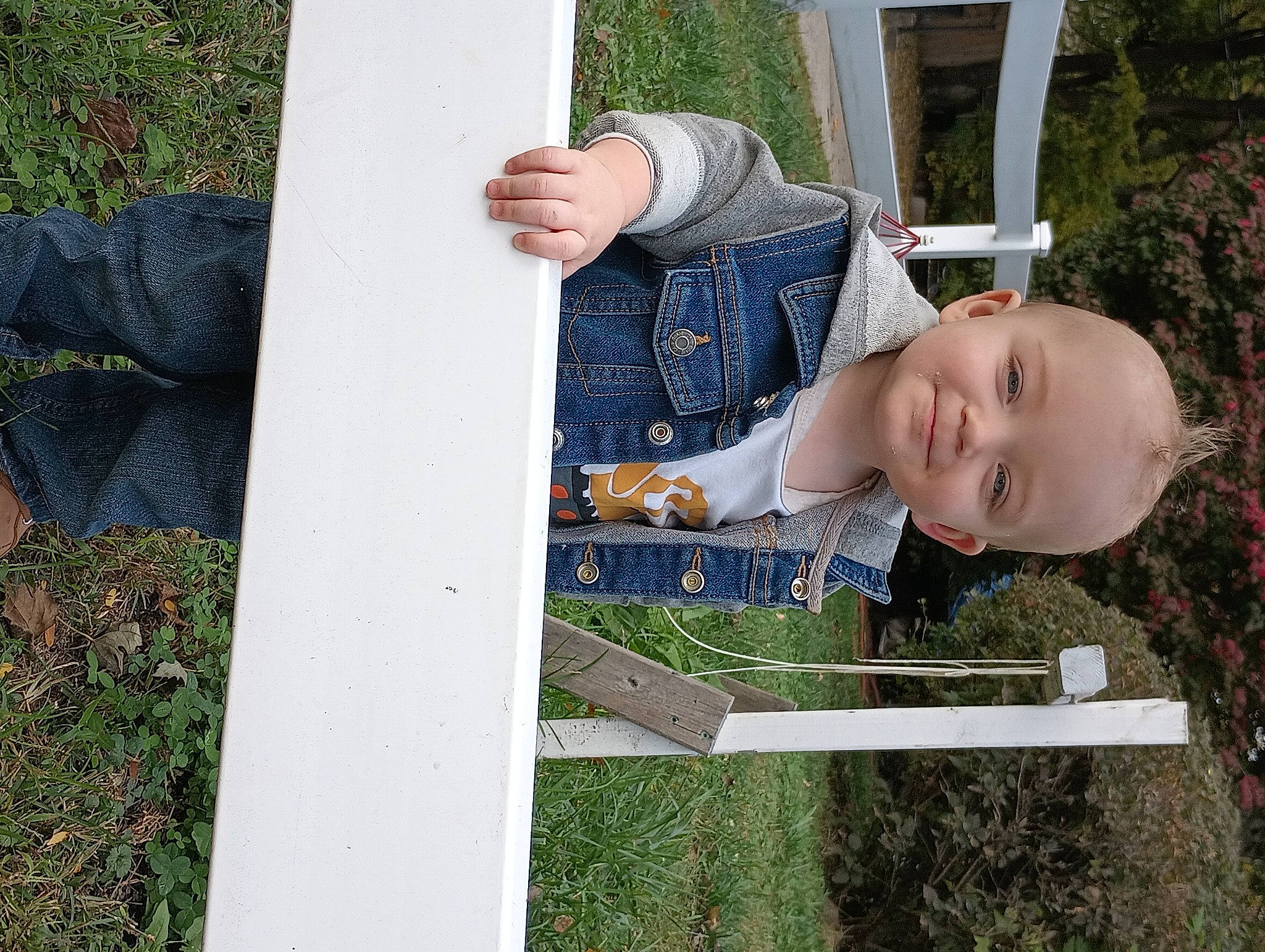 Derek Warren Stubbs Jr is registered to the contest to win money with this photo: baby_products, chair, child, denim, fun, grass, happy, joy, lawn, leisure, pattern, people_in_nature, person, plant, play, sitting, sleeve, t_shirt, toddler, tree