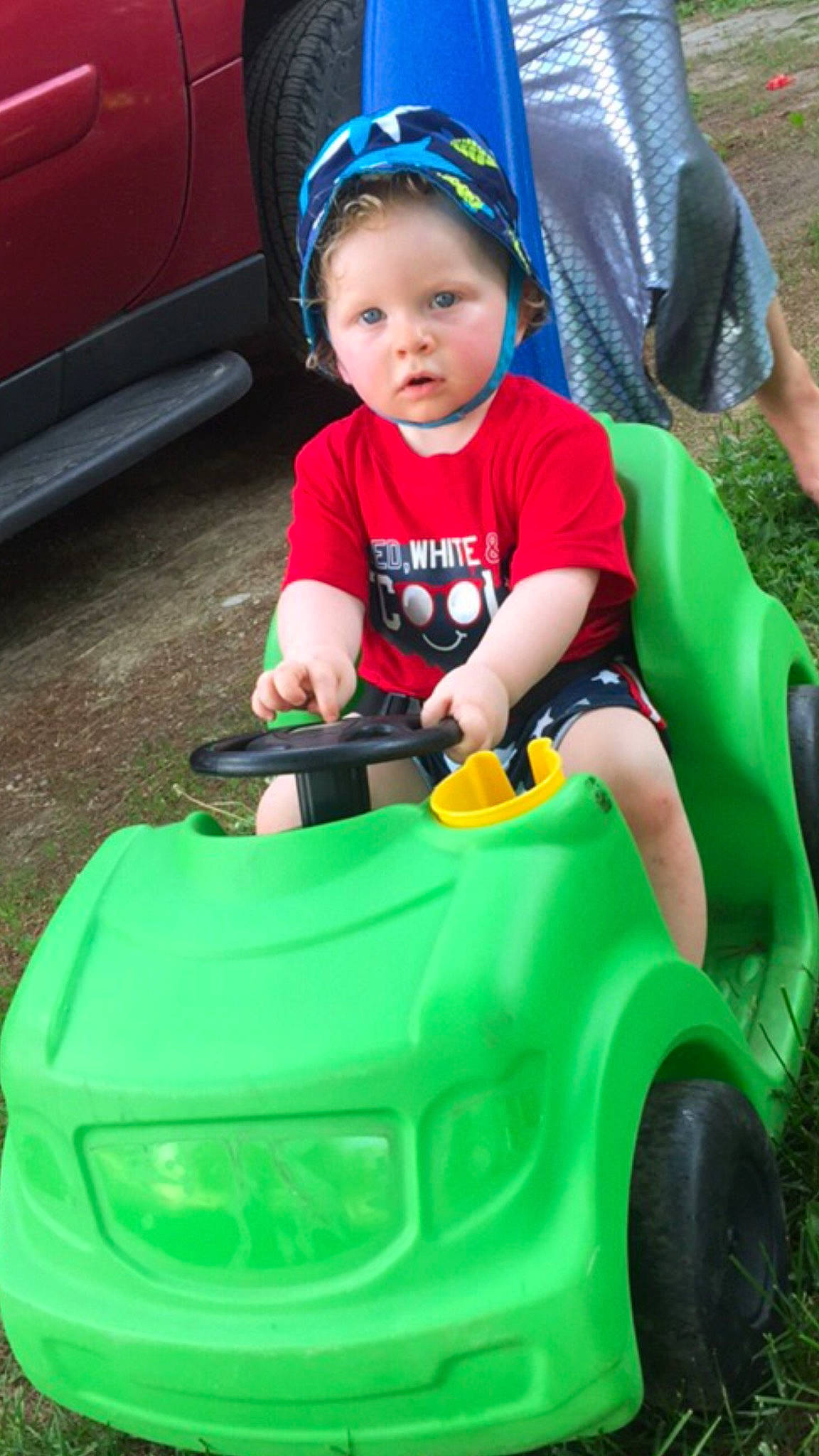 Xzavier joined the competition — help win amazing prizes! child, fun, grass, green, lawn, person, play, riding_toy, smile, toddler, vehicle