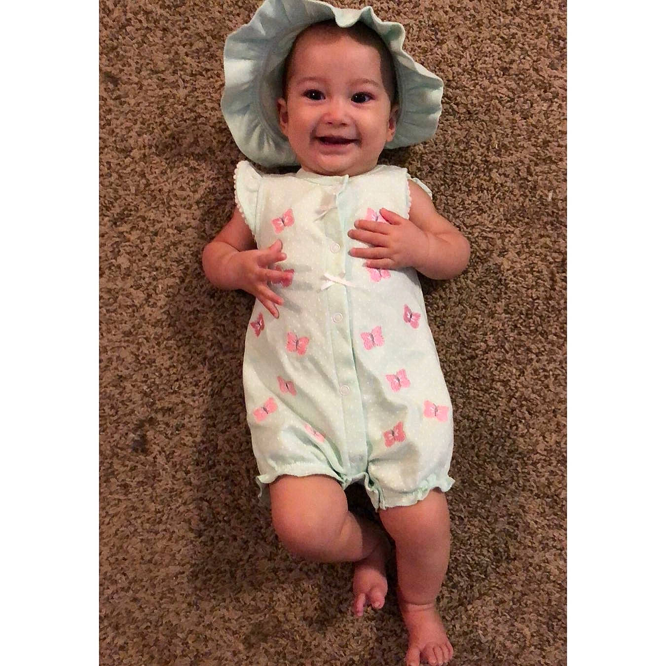 Cecelia joined the competition — help win amazing prizes! baby, baby_products, baby_toddler_clothing, beige, child, clothing, dress, flower, joy, pattern, person, pink, product, sleeve, smile, t_shirt, toddler